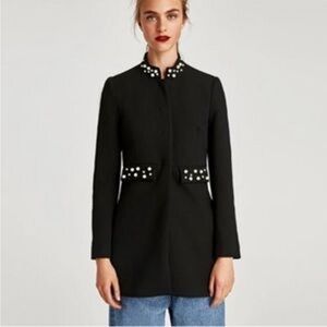 Zara Embellished Collar Coat with Pearl Detail-Women Jackets & Coats